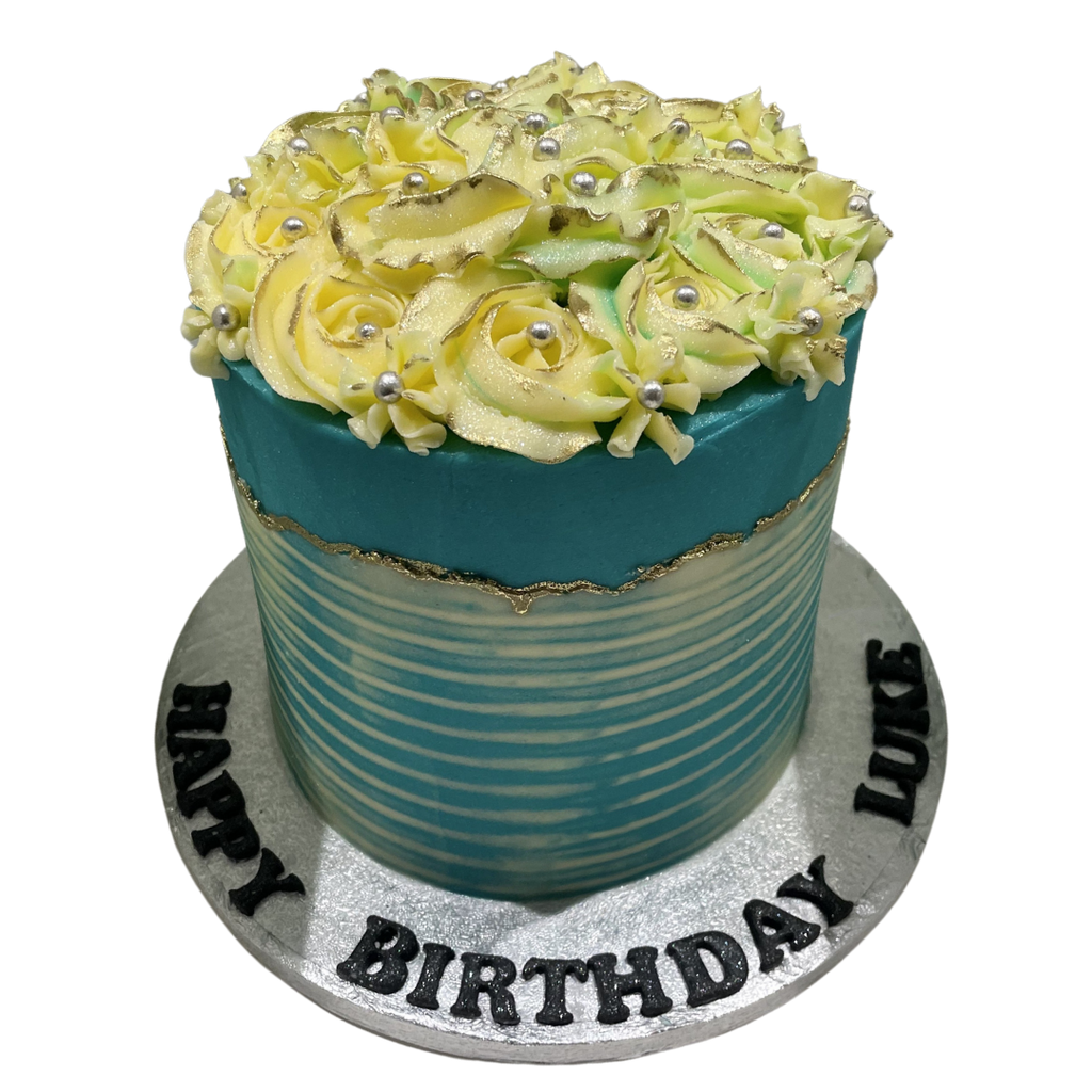 WHITE ROSETTE BLUE OCCASION CAKE