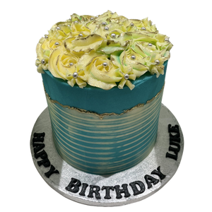 WHITE ROSETTE BLUE OCCASION CAKE