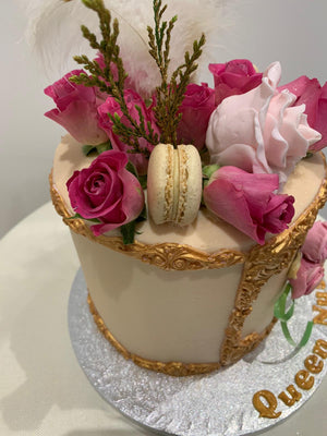 ROSE AND FEATHER GOLD FRAME CAKE