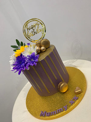 LILAC GOLD FLOWER DRIP CAKE