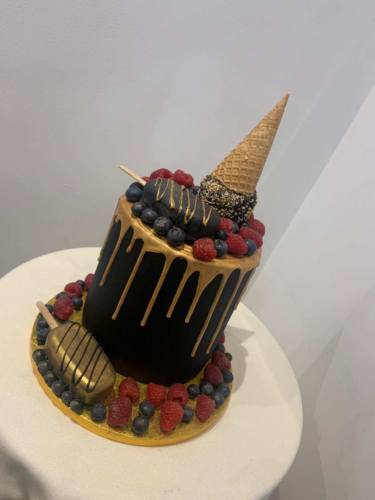 CAKESICLES & CONE - GOLD DRIP CAKE WTH BERRIES
