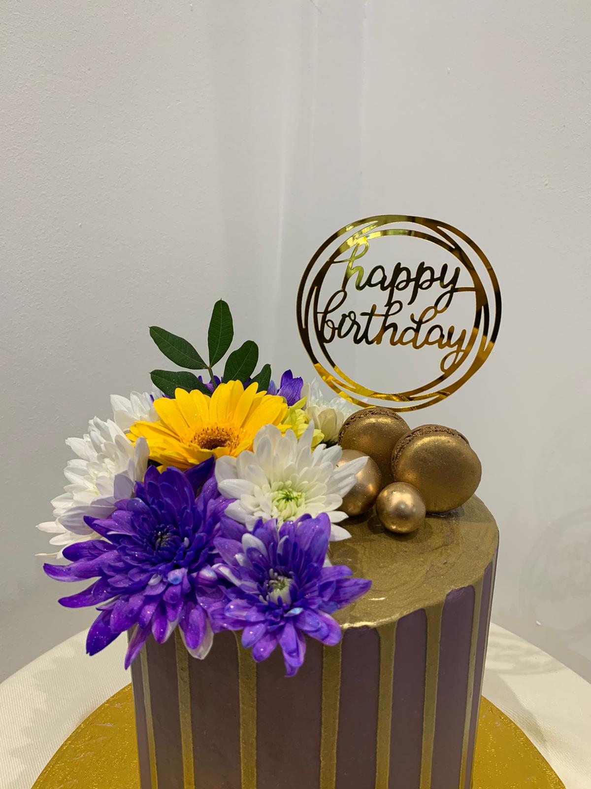LILAC GOLD FLOWER DRIP CAKE