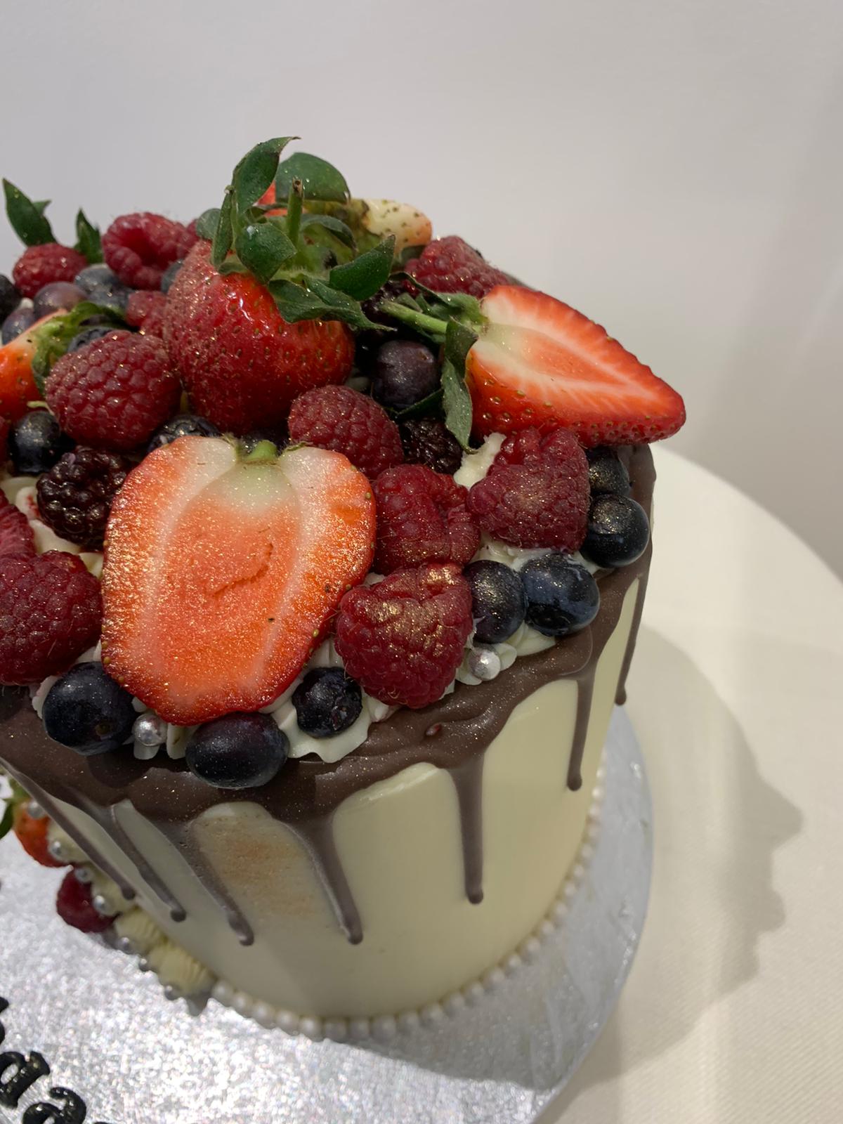 FRESH FRUIT BERRIES CHOC DRIP CAKE