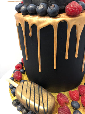 CAKESICLES & CONE - GOLD DRIP CAKE WTH BERRIES