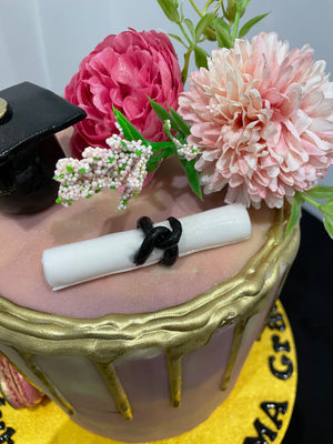 LILAC GOLD DRIP GRADUATION CAKE