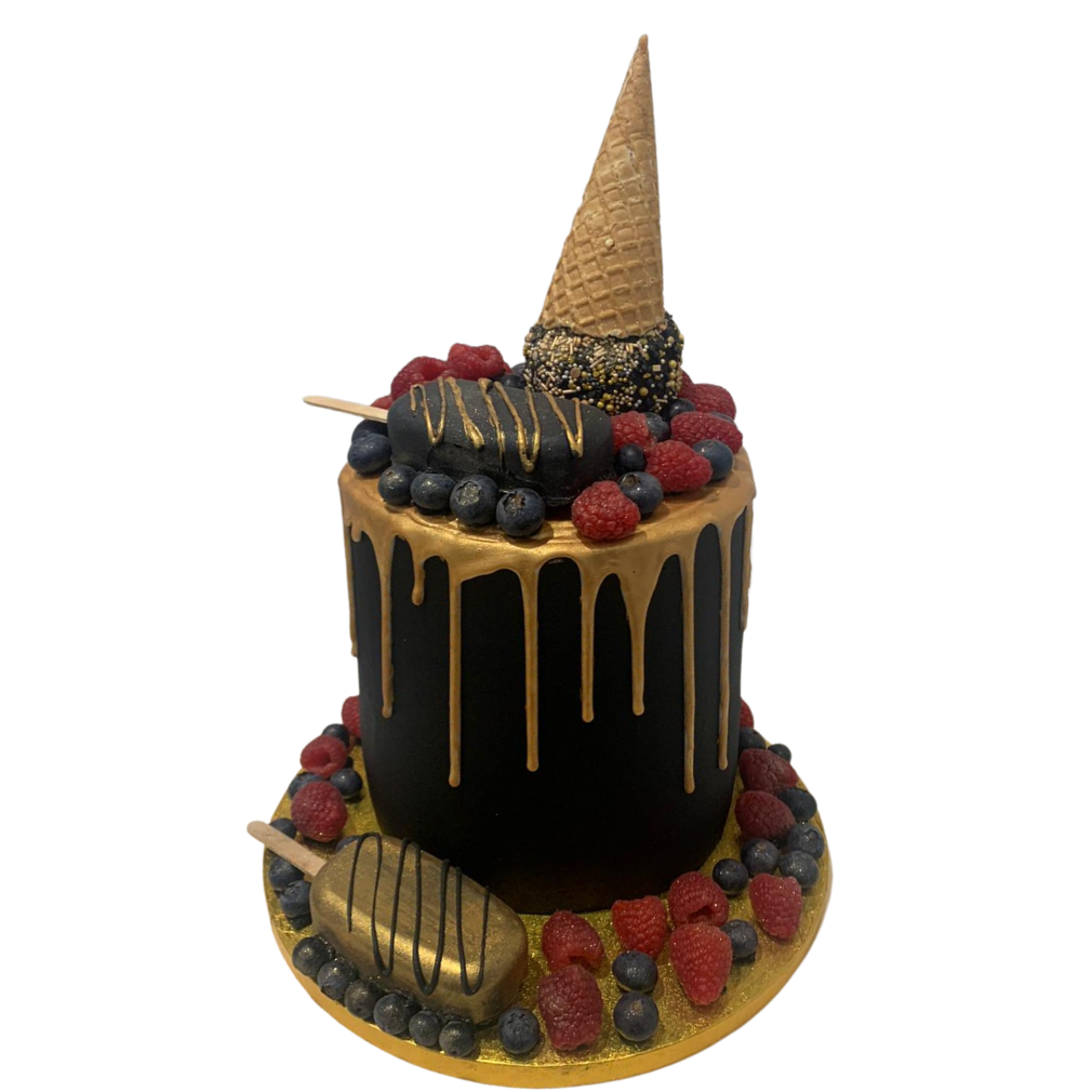 CAKESICLES & CONE - GOLD DRIP CAKE WTH BERRIES
