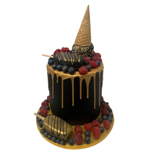 CAKESICLES & CONE - GOLD DRIP CAKE WTH BERRIES