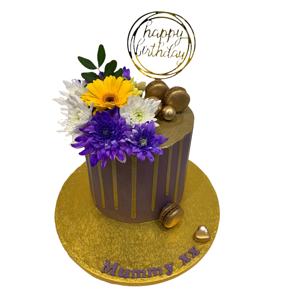LILAC GOLD FLOWER DRIP CAKE