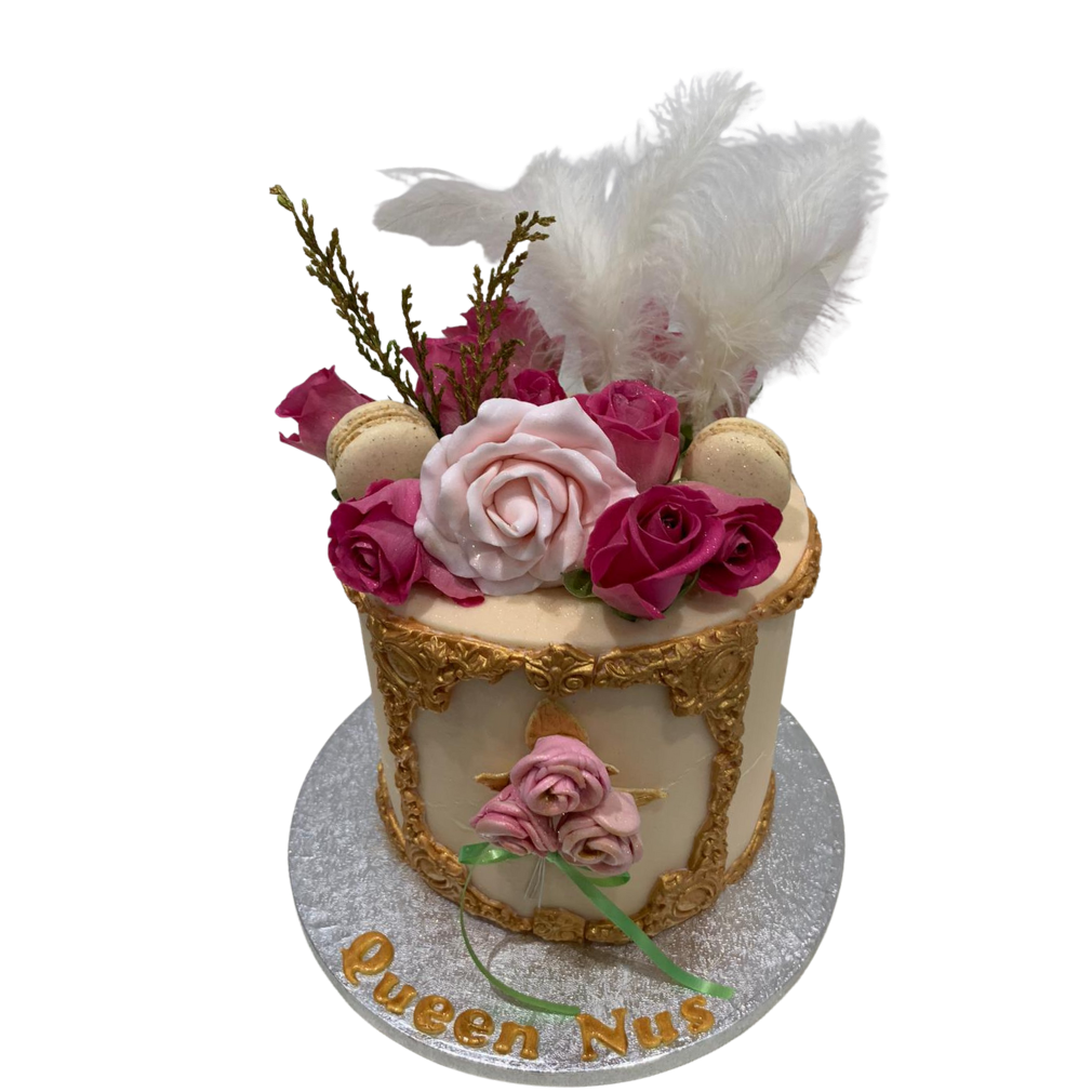 ROSE AND FEATHER GOLD FRAME CAKE