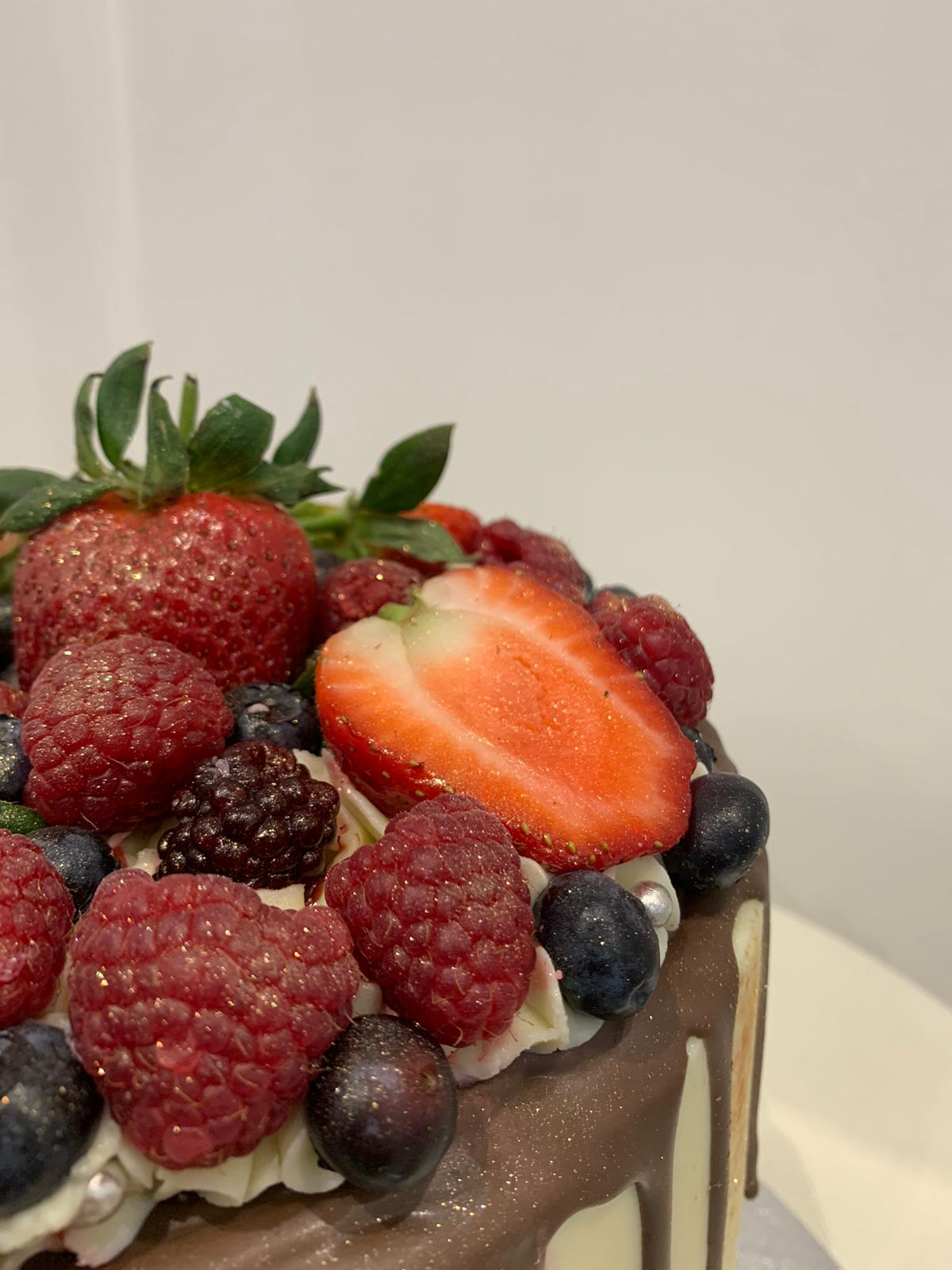 FRESH FRUIT BERRIES CHOC DRIP CAKE