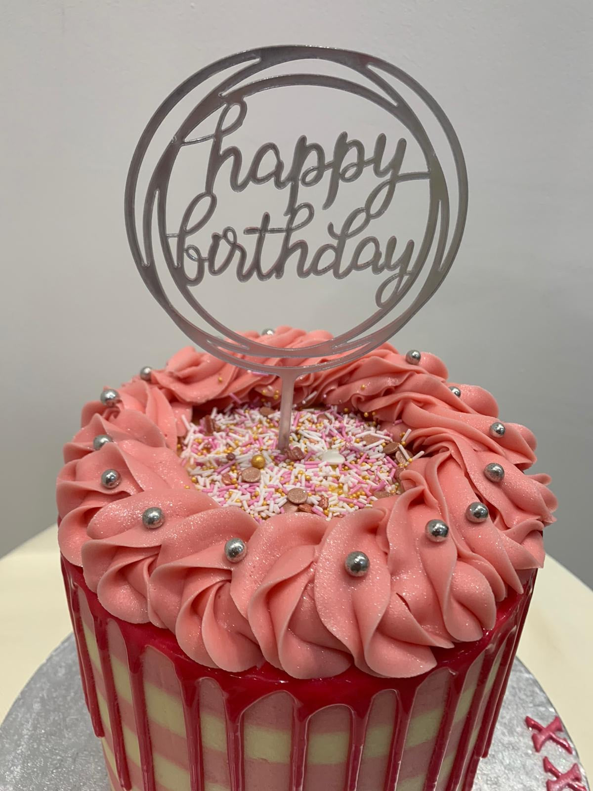 BABY PINK STRIPE AND DRIP CAKE